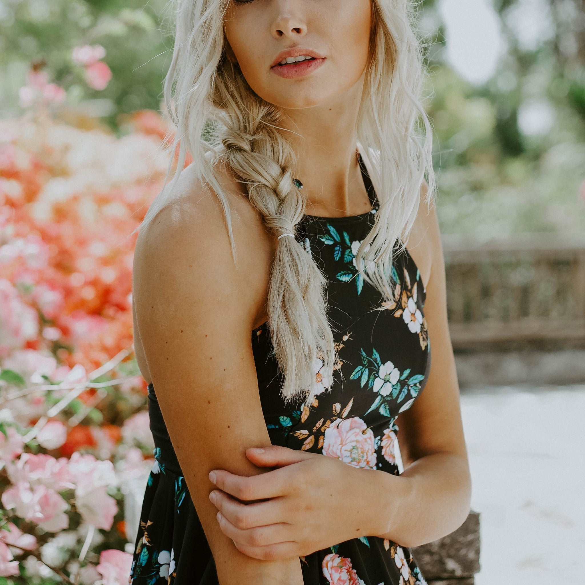 High Neck Peplum Halter Top - Black Retro Floral - FINAL SALE - LOW STOCK