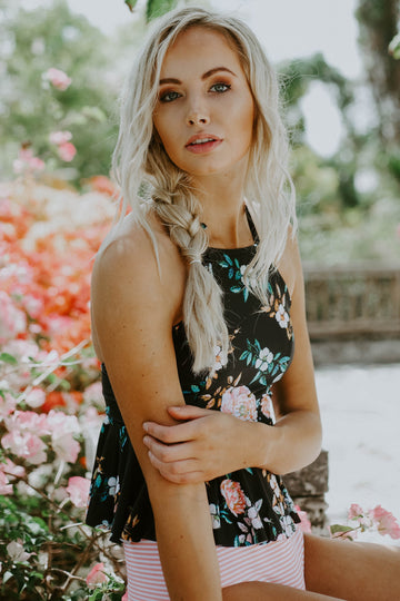 High Neck Peplum Halter Top - Black Retro Floral - FINAL SALE - LOW STOCK