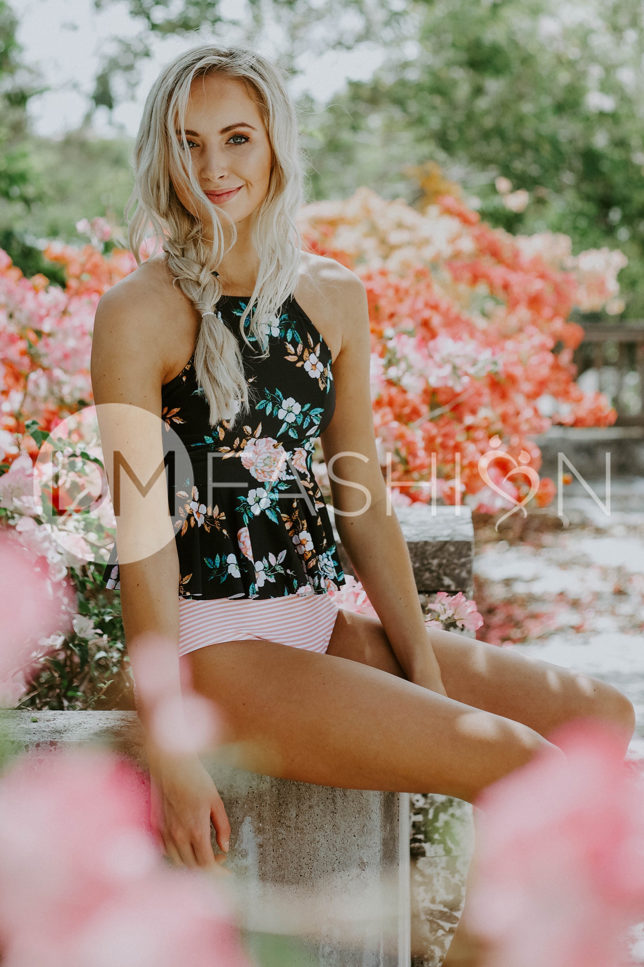 High Neck Peplum Halter Top - Black Retro Floral - FINAL SALE - LOW STOCK