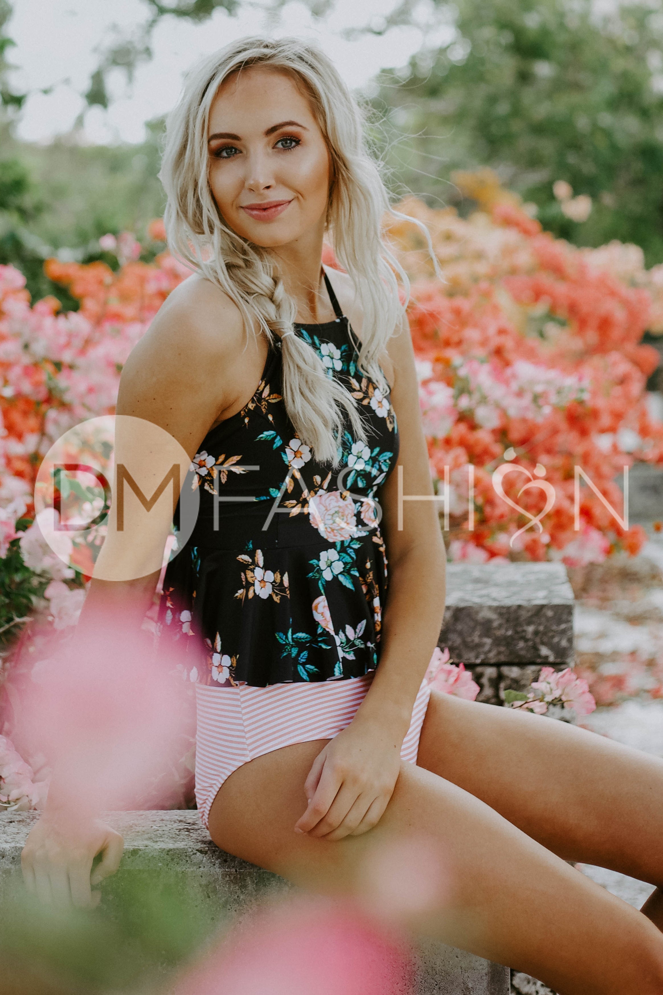 High Neck Peplum Halter Top - Black Retro Floral - FINAL SALE - LOW STOCK