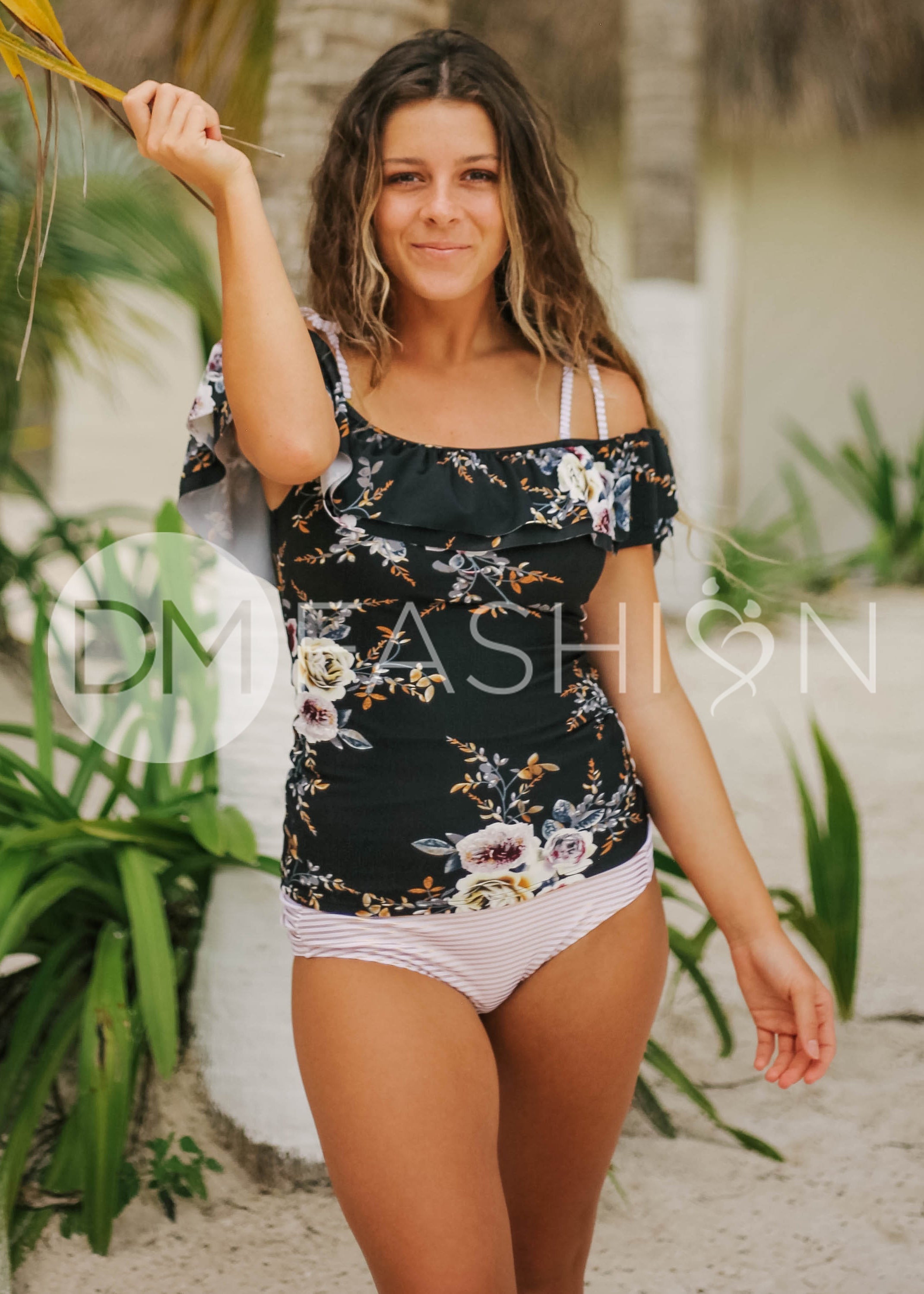 Off The Shoulder Double Ruffle Tankini Top - Black Orchard Stripe - FINAL SALE