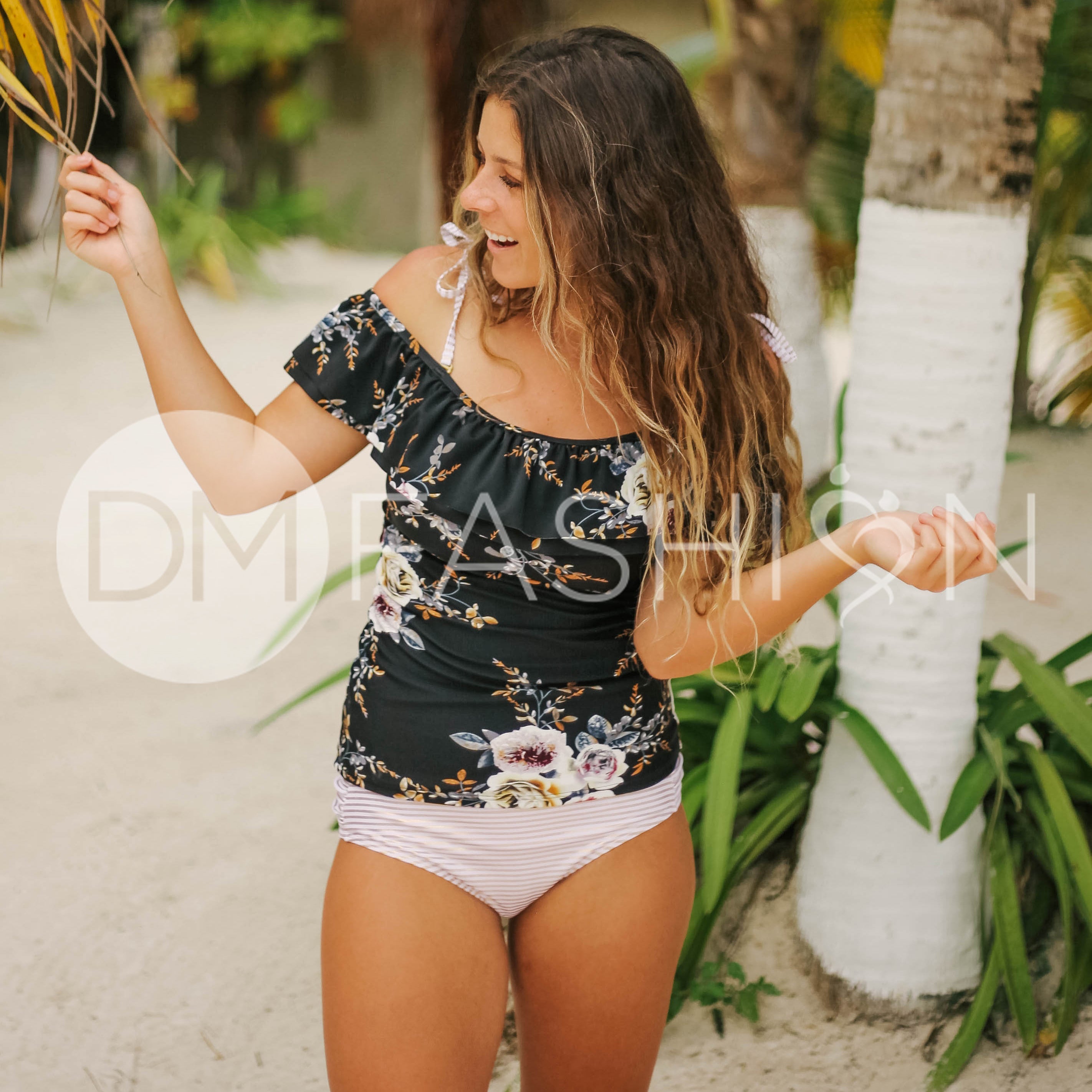 Off The Shoulder Double Ruffle Tankini Top - Black Orchard Stripe - FINAL SALE