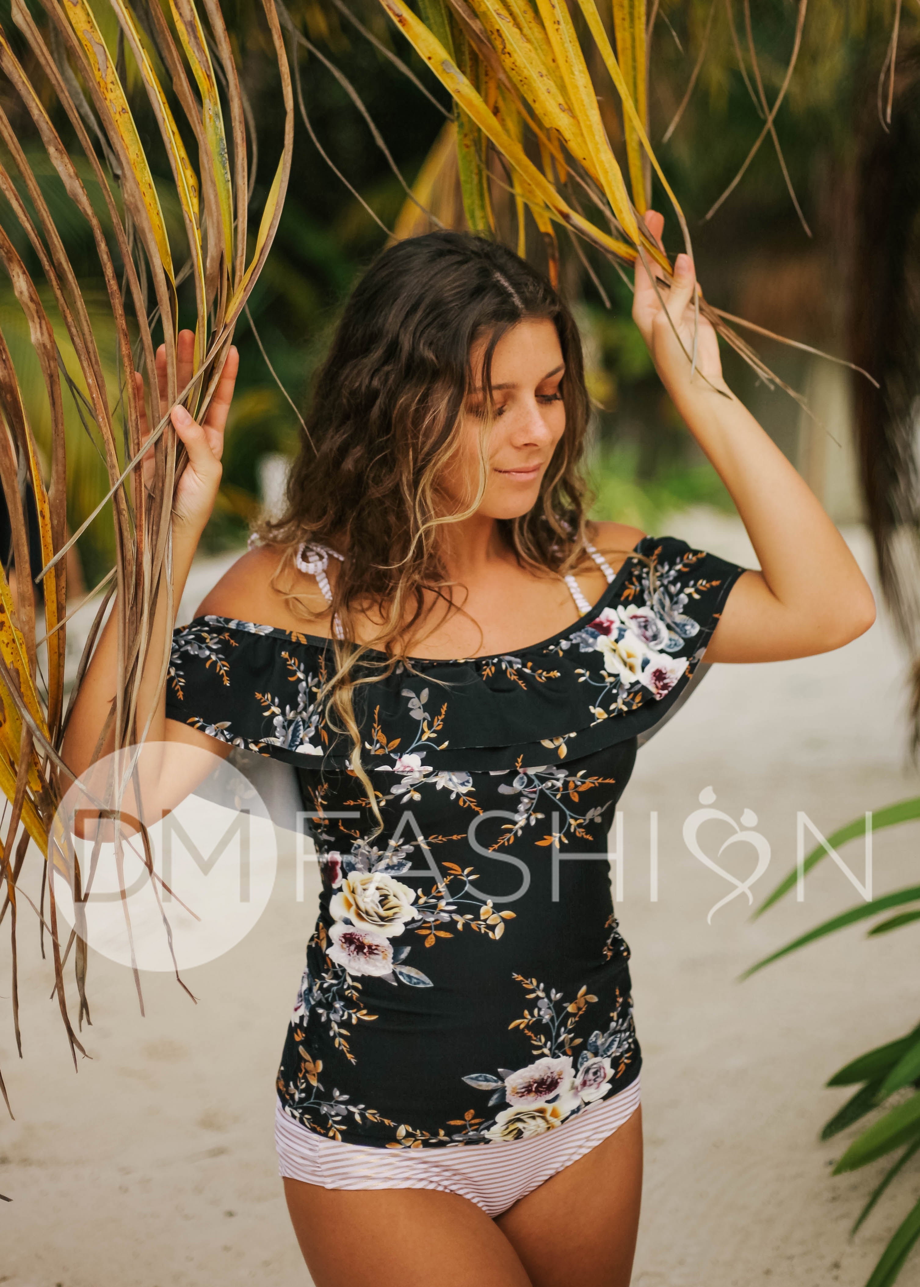 Off The Shoulder Double Ruffle Tankini Top - Black Orchard Stripe - FINAL SALE