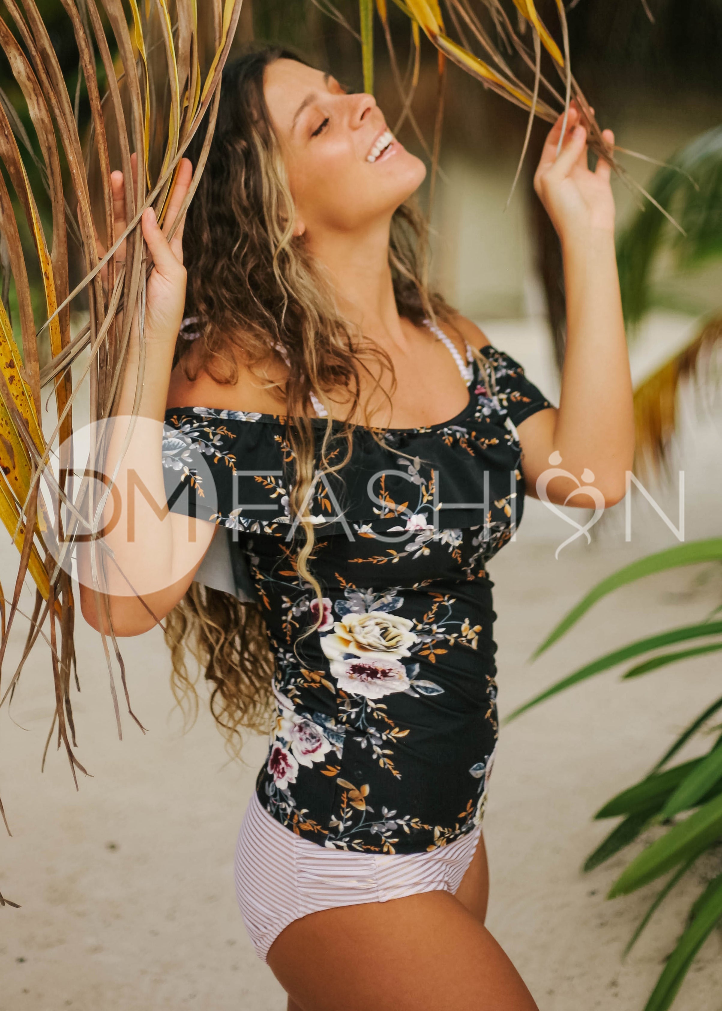 Off The Shoulder Double Ruffle Tankini Top - Black Orchard Stripe - FINAL SALE