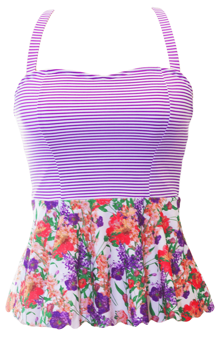 Scalloped Peplum Tankini Top - Purple Floral Stripes - FINAL SALE