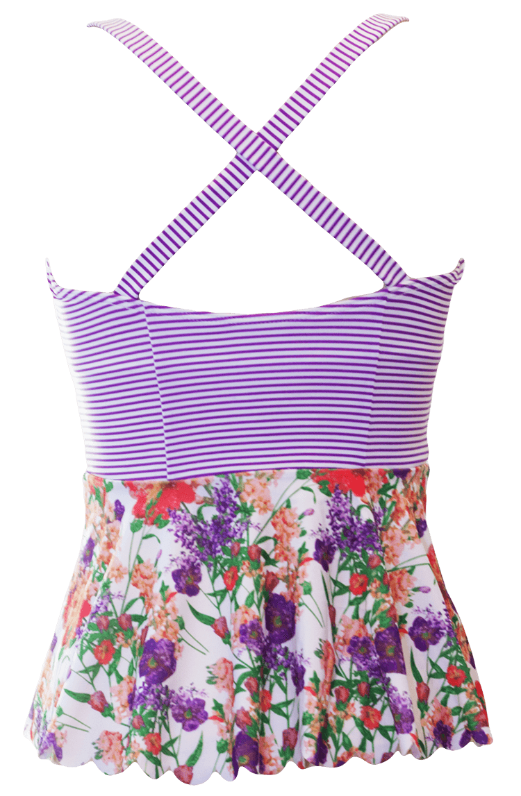 Scalloped Peplum Tankini Top - Purple Floral Stripes - FINAL SALE