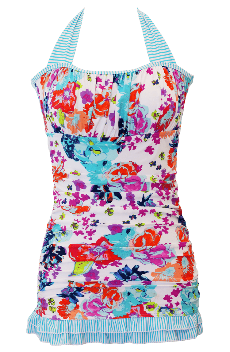 Open Back Ruched Halter Top - Aqua Floral Stripe - FINAL SALE - FINAL FEW