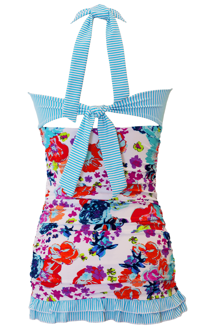 Open Back Ruched Halter Top - Aqua Floral Stripe - FINAL SALE - FINAL FEW