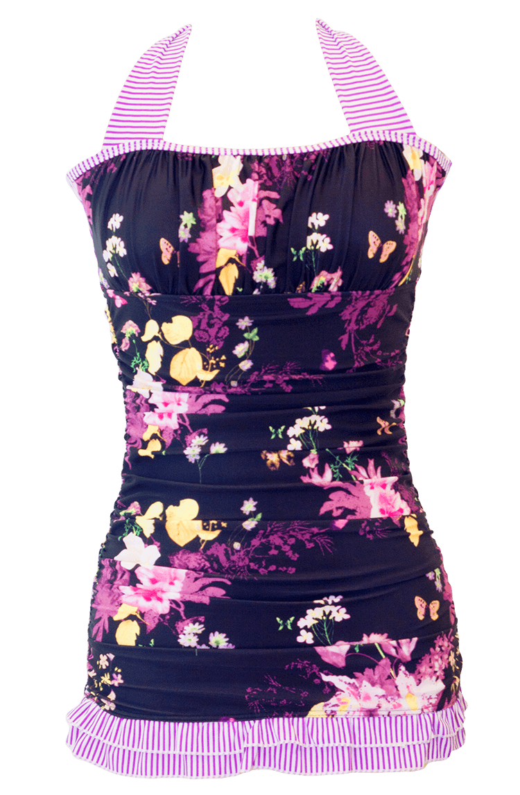 Open Back Ruched Halter Top - Black Floral Stripes - FINAL SALE - FINAL FEW