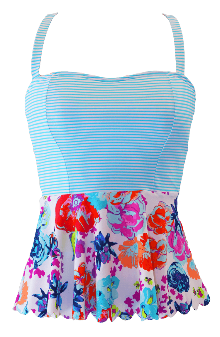 Scalloped Peplum Tankini Top - Aqua Floral Stripes - FINAL SALE