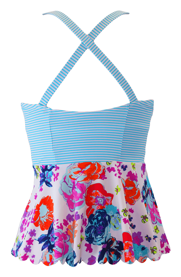 Scalloped Peplum Tankini Top - Aqua Floral Stripes - FINAL SALE