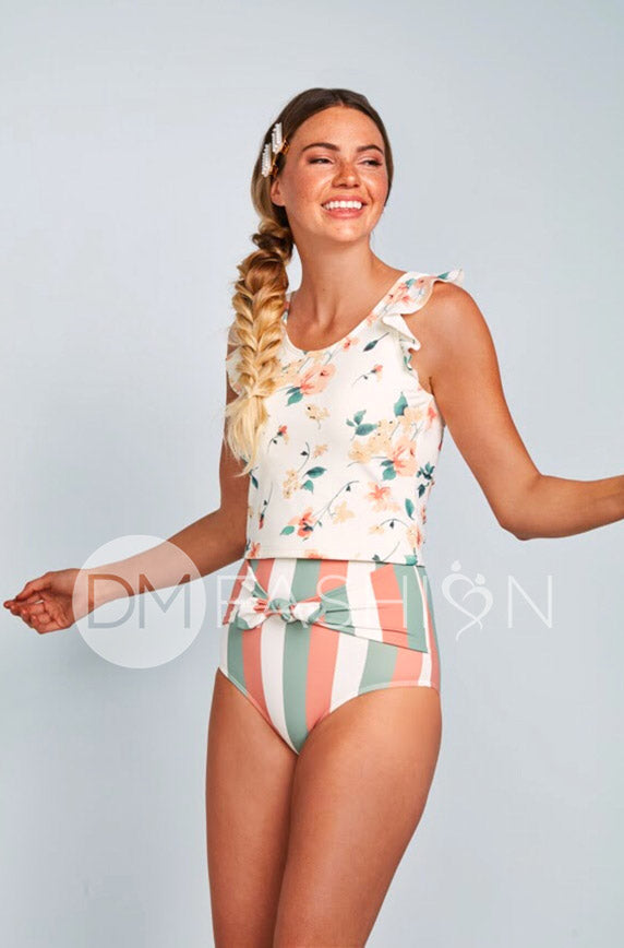 Ruffle V Back Midkini Top - Desert Floral