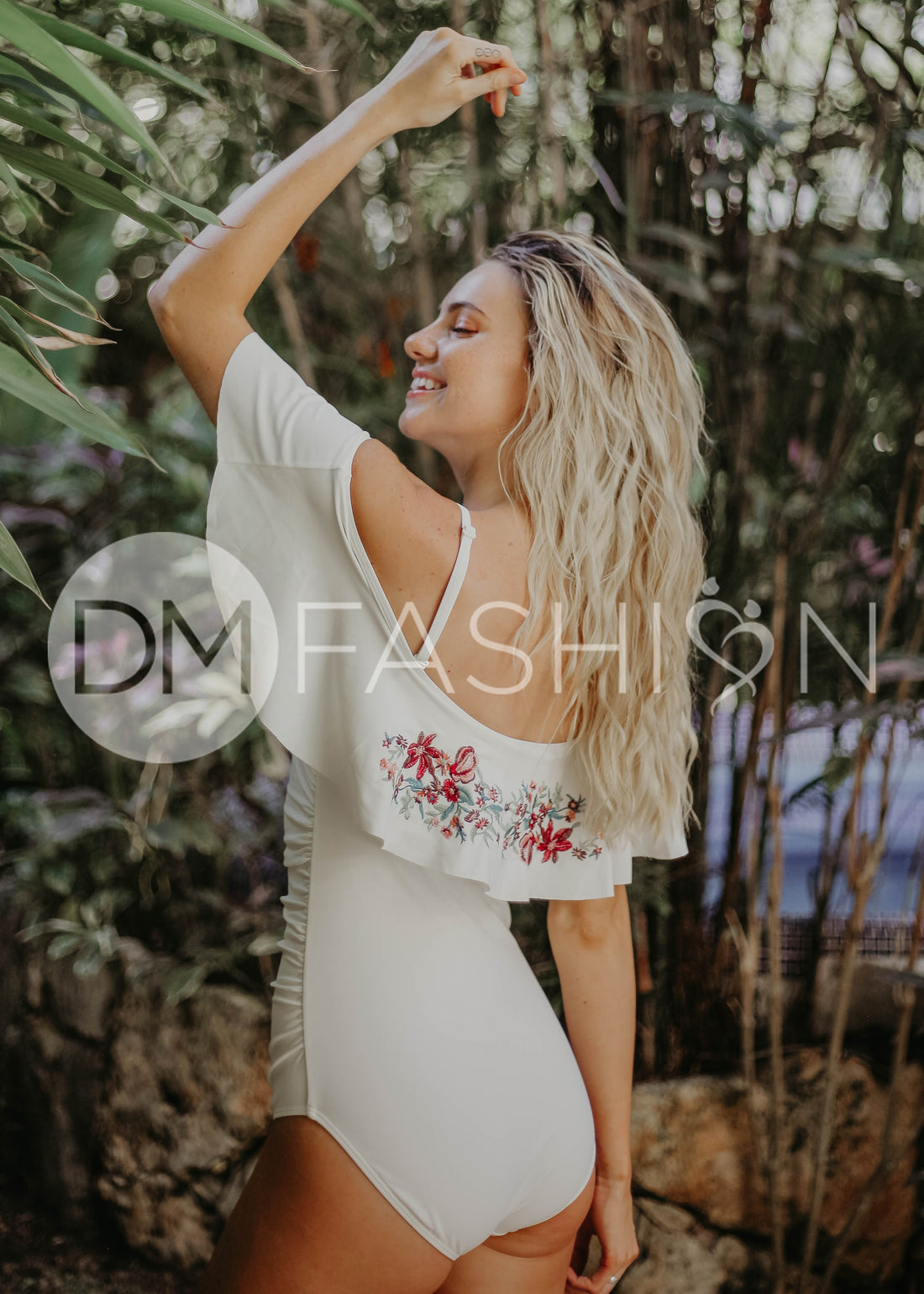 Off The Shoulder Ruffle Ruched One Piece - Cream Embroidery Floral - FINAL SALE