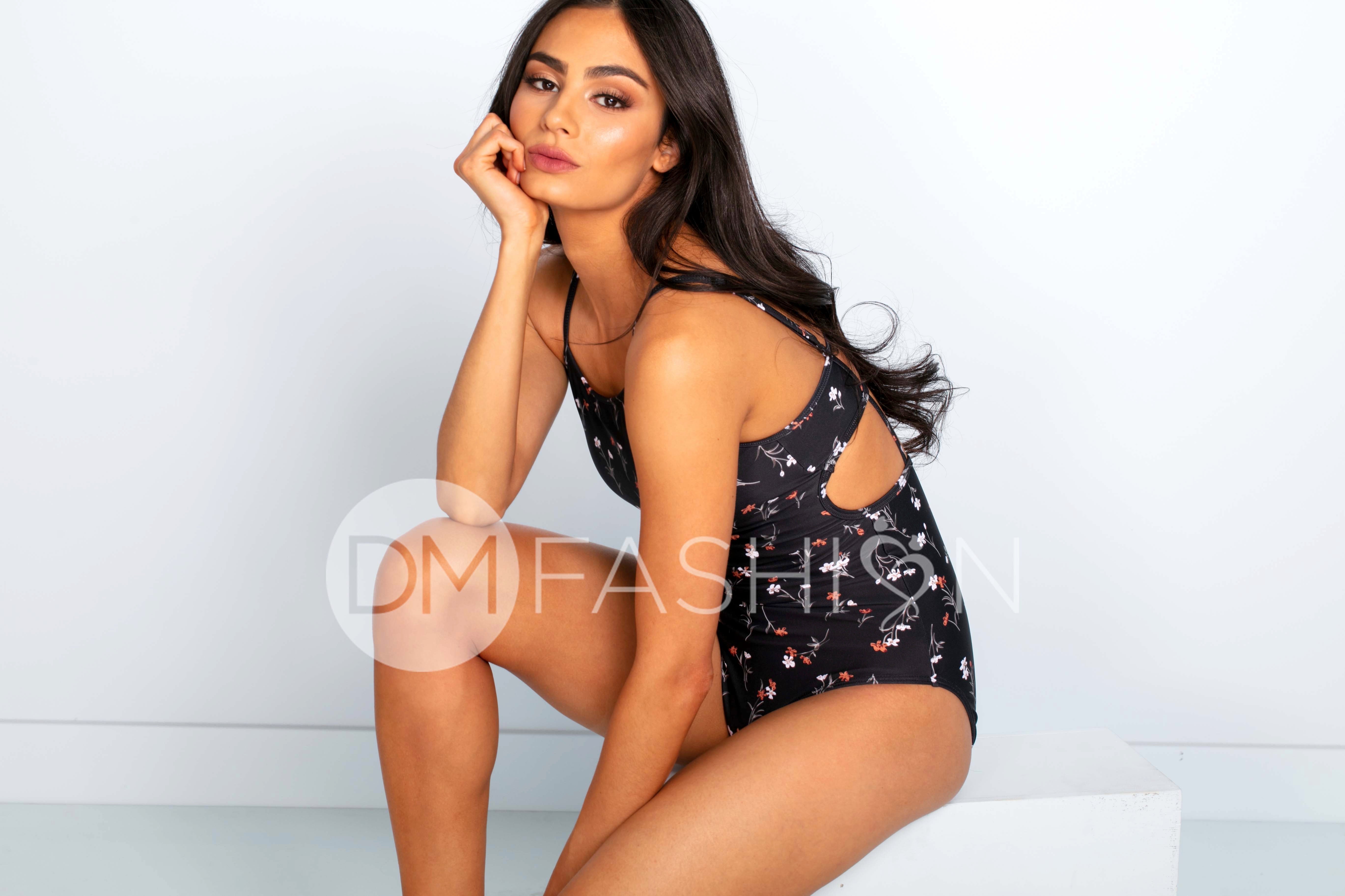 High Neck Square Back One Piece - Midnight Blossoms