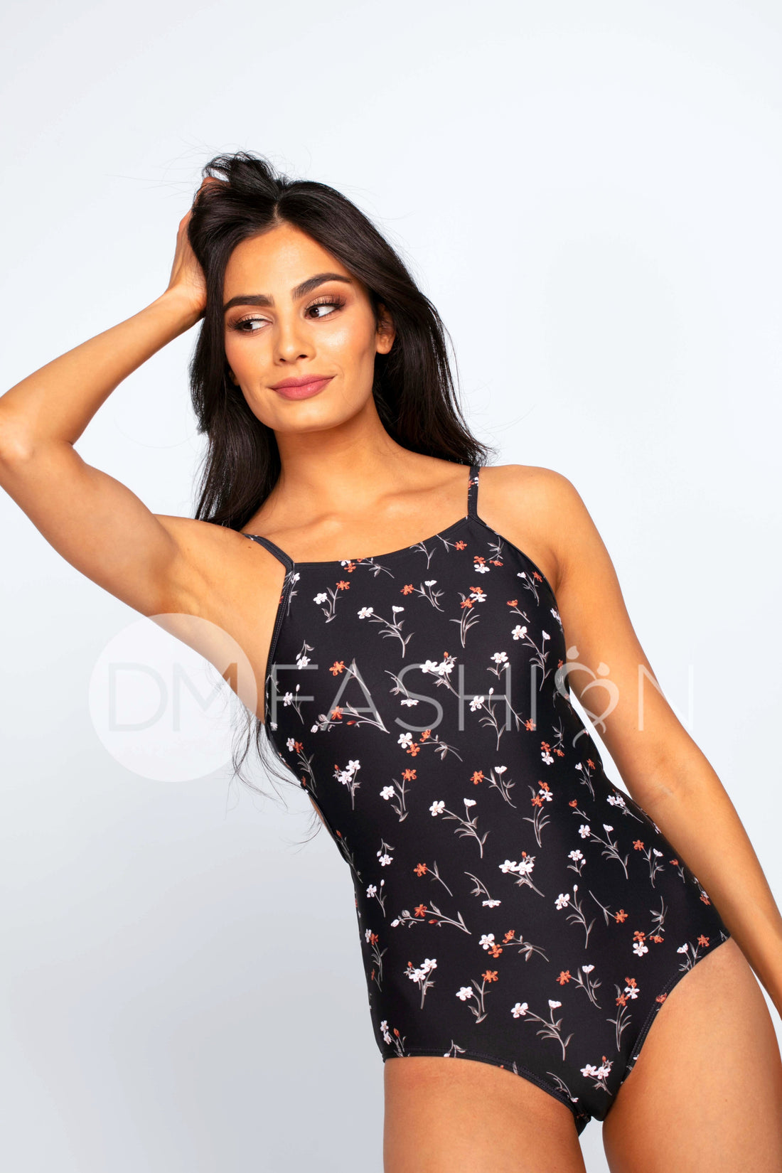 High Neck Square Back One Piece - Midnight Blossoms