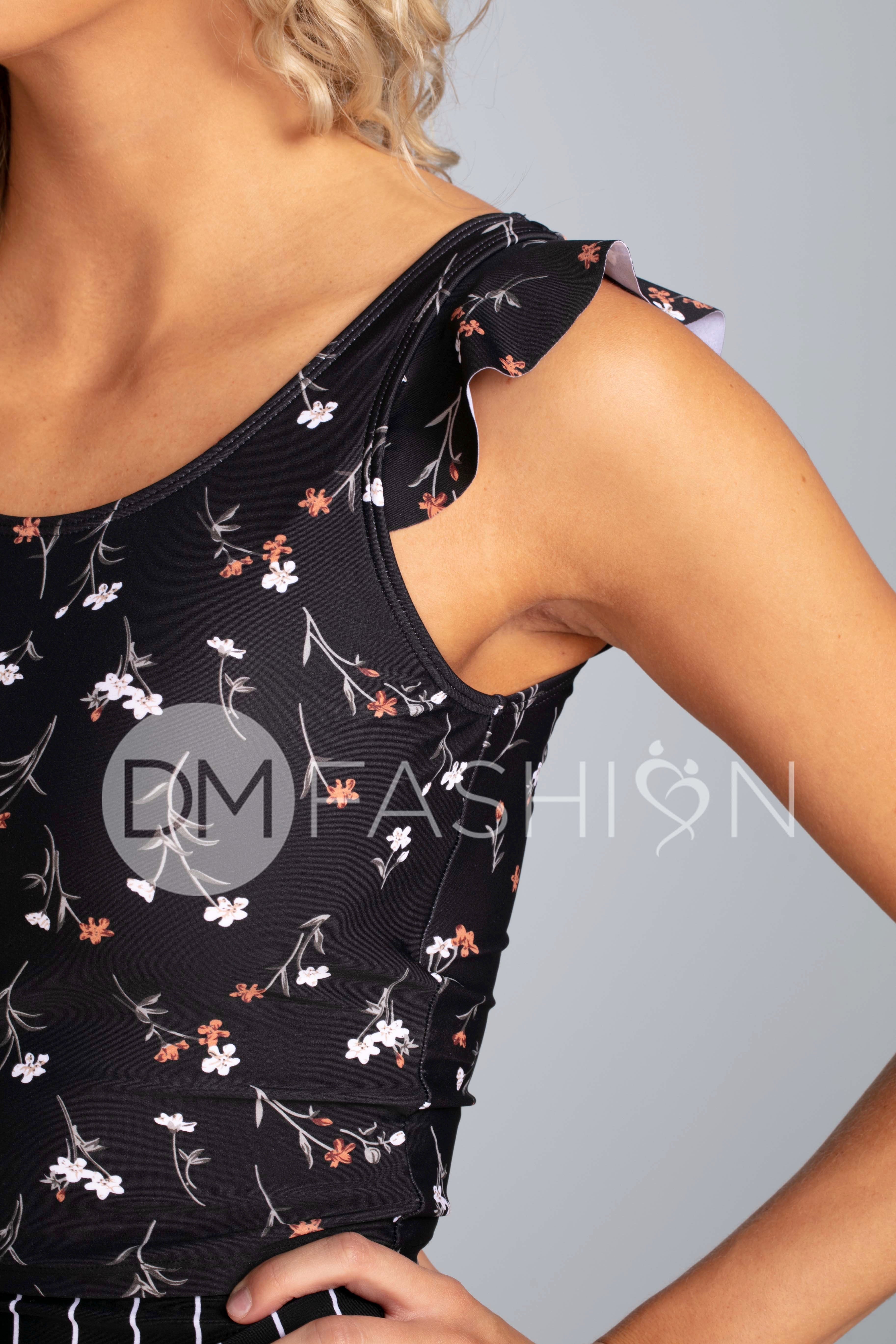 Ruffle V Back Midkini Top - Midnight Blossoms