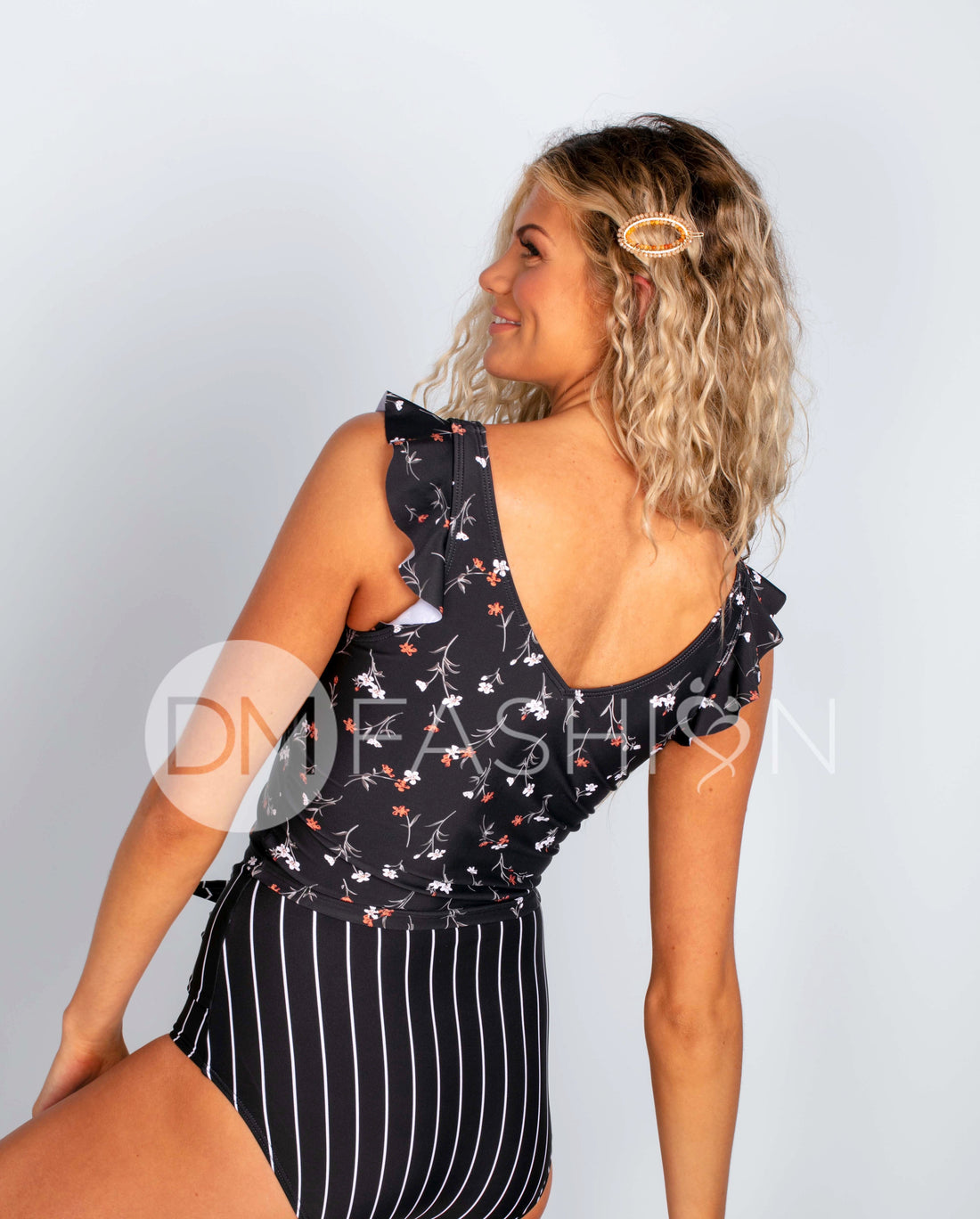 Ruffle V Back Midkini Top - Midnight Blossoms