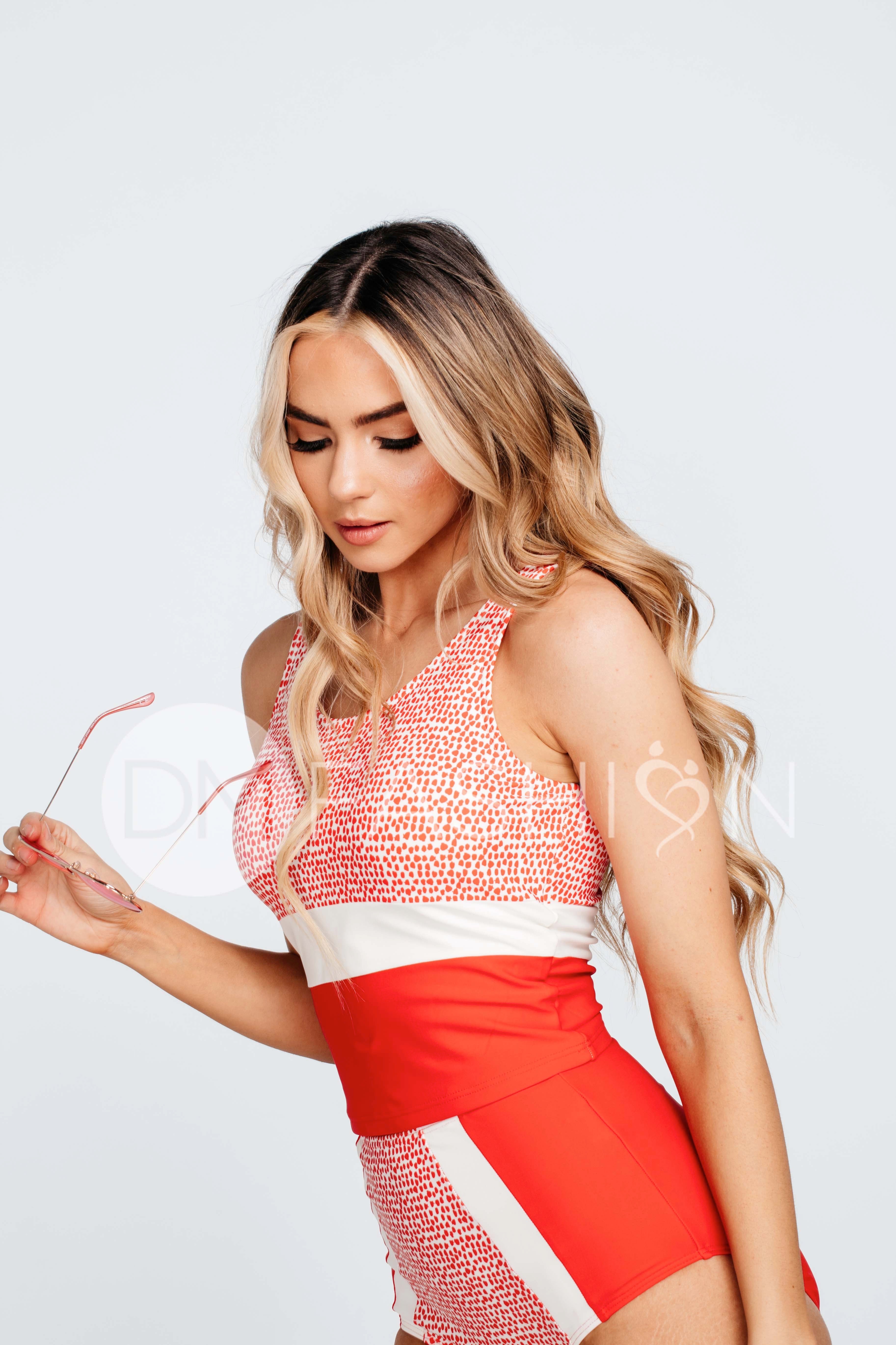 V Back Color Block Midkini Top - Cherry Red Spotted Leopard