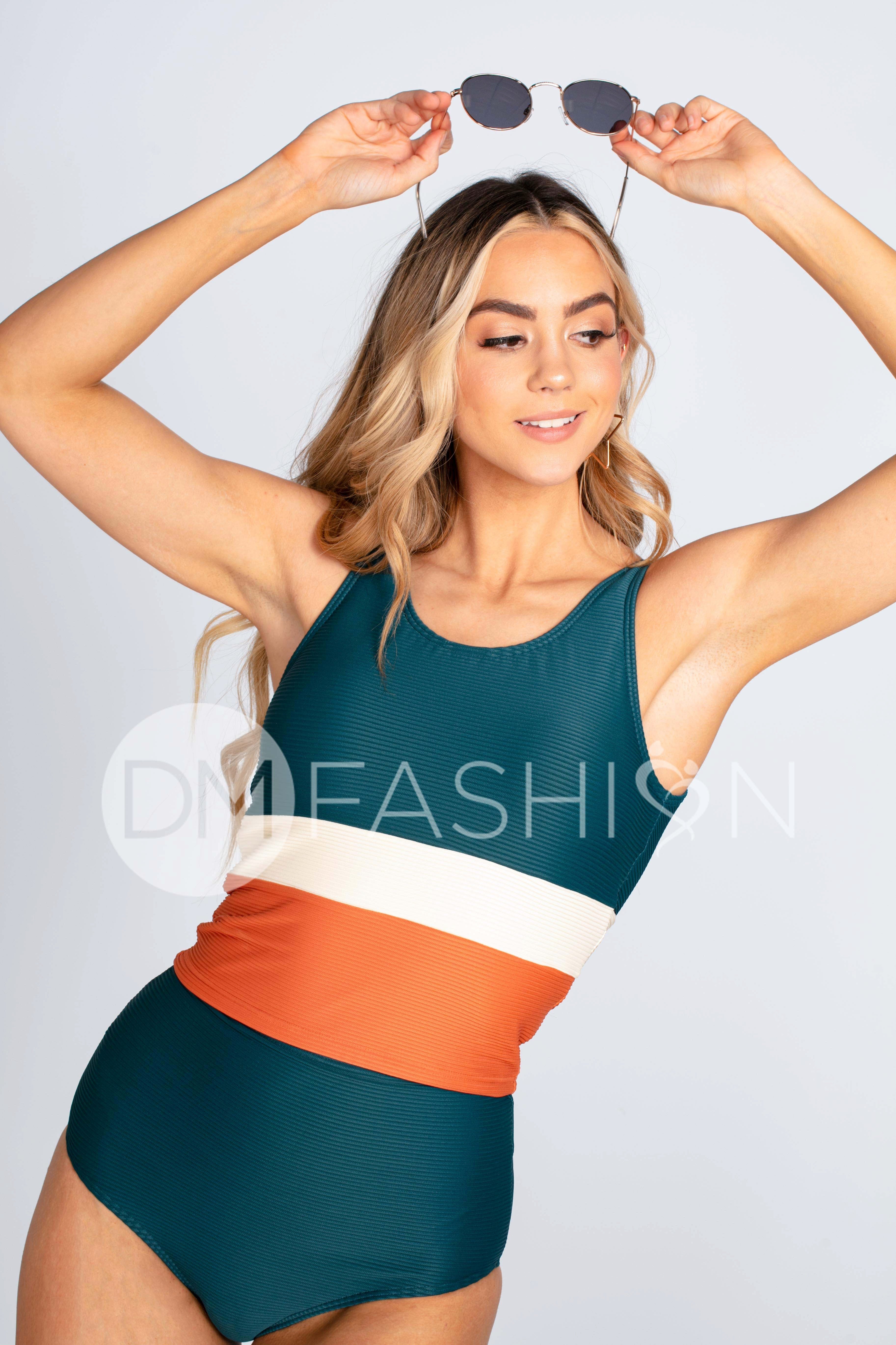 V Back Color Block Midkini Top - Jungle Ribbed