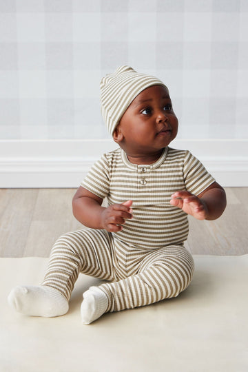 Organic Cotton Modal Lennon Beanie - Narrow Stripe Oak/Soft Clay