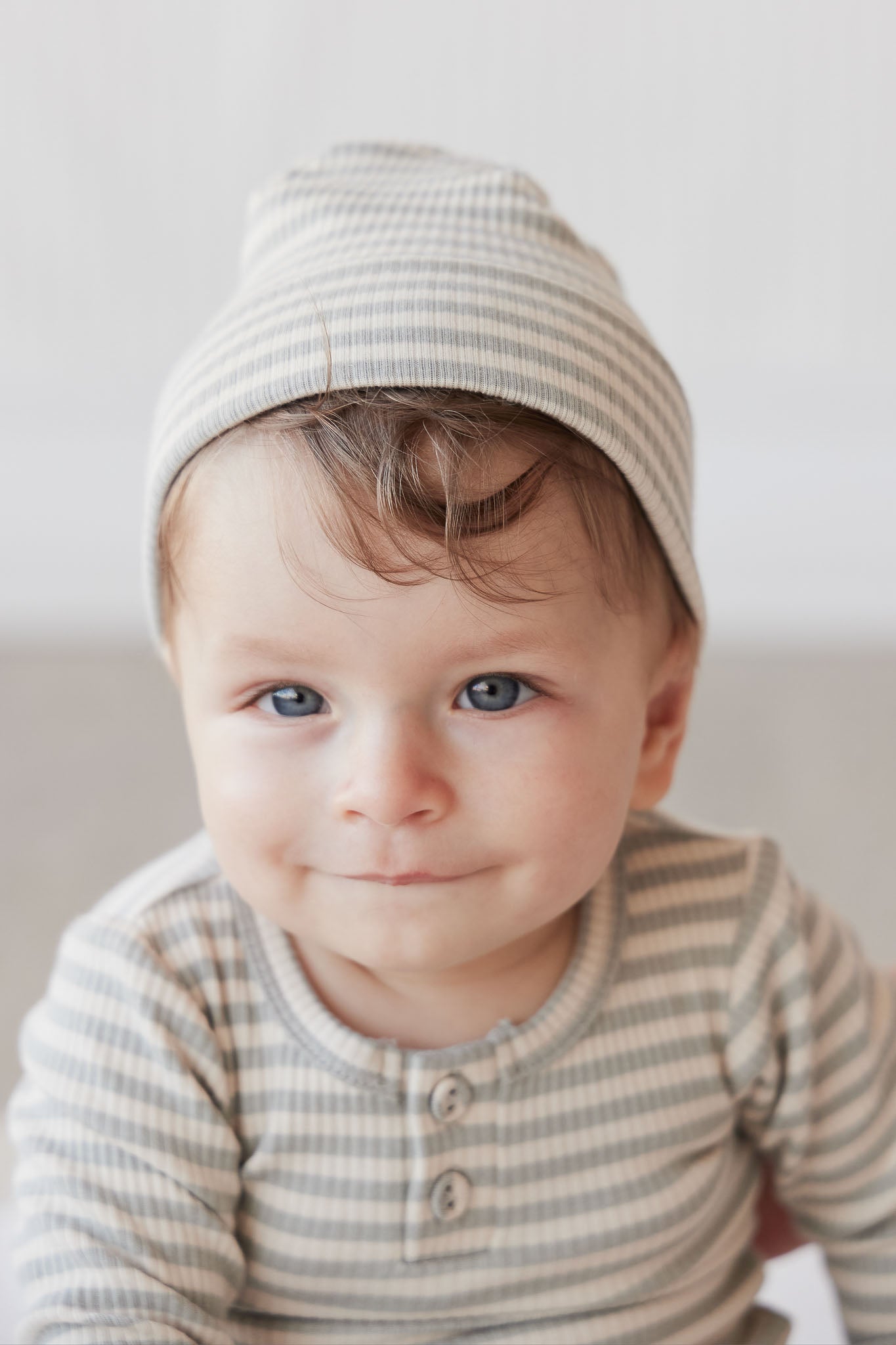 Organic Cotton Modal Lennon Beanie - Narrow Stripe Willow/Soft Clay
