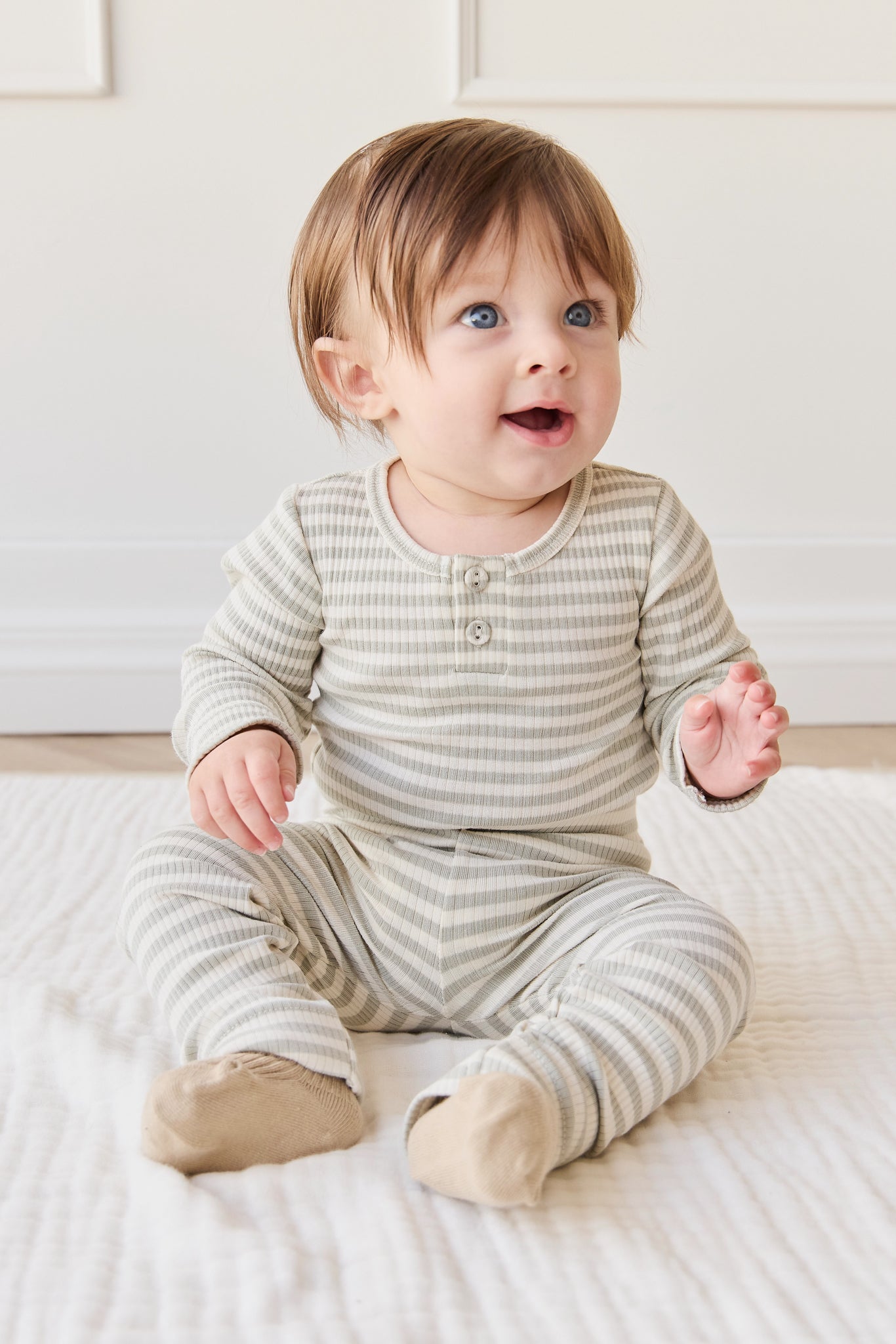 Organic Cotton Modal Long Sleeve Bodysuit - Slim Stripe Raindance/Cloud