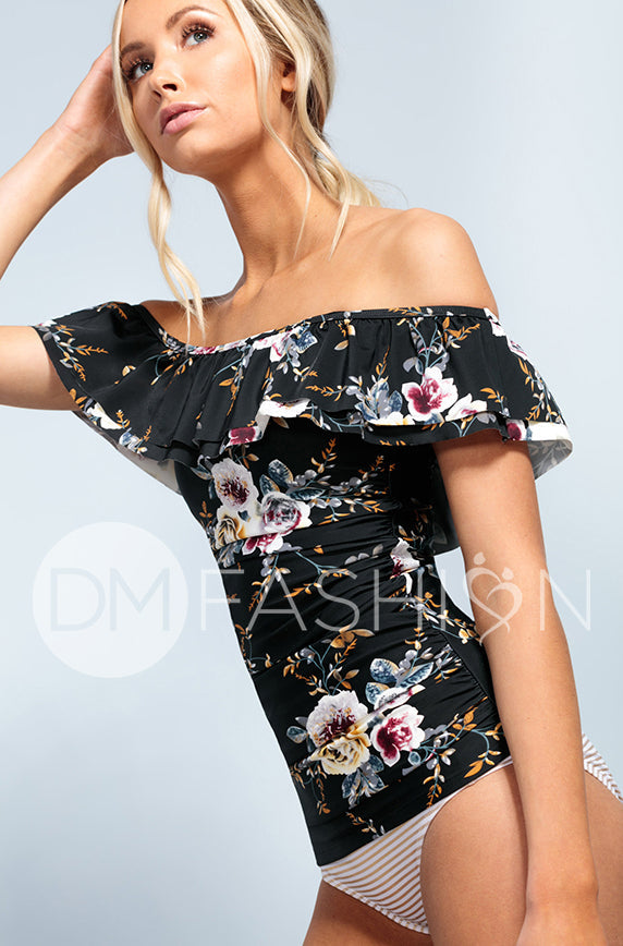 Off The Shoulder Ruched Double Ruffle Tankini Top - Black Orchard - FINAL SALE