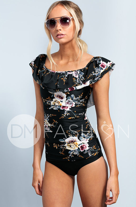 Off The Shoulder Ruched Double Ruffle Tankini Top - Black Orchard - FINAL SALE