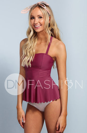 Scalloped Peplum Tankini Top - Red Plum - FINAL SALE - FINAL FEW