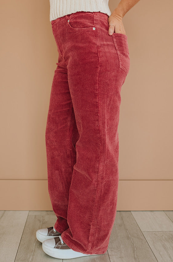 Elise Red Wide Leg Corduroy Pants - FINAL SALE