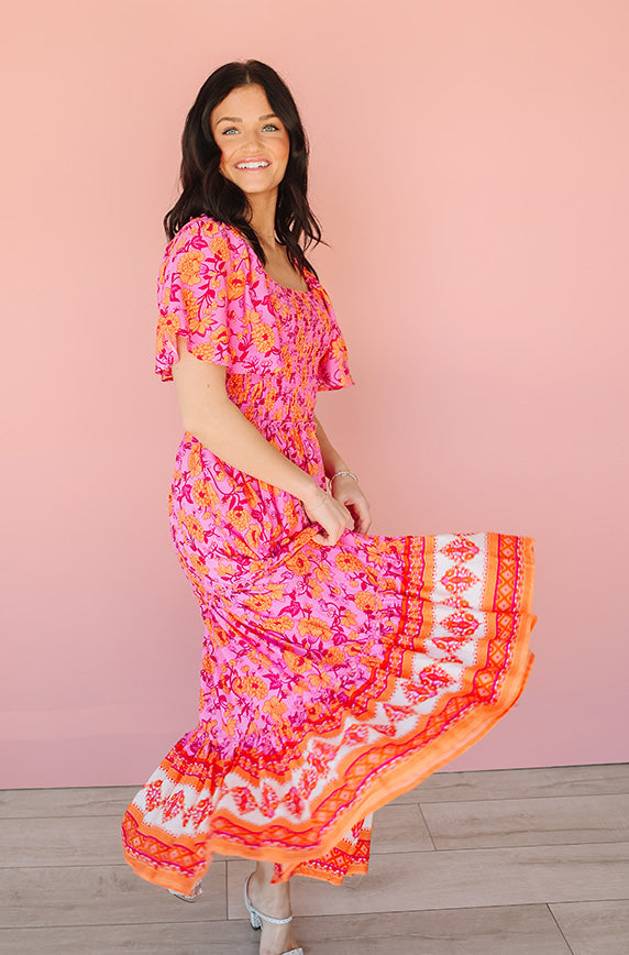 Leilani Tropical Pink Floral Smocked Dress - DM Exclusive - Maternity Friendly