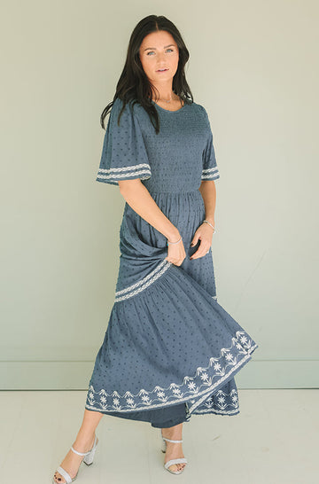 Katie Indigo Embroidered Dress - FINAL SALE