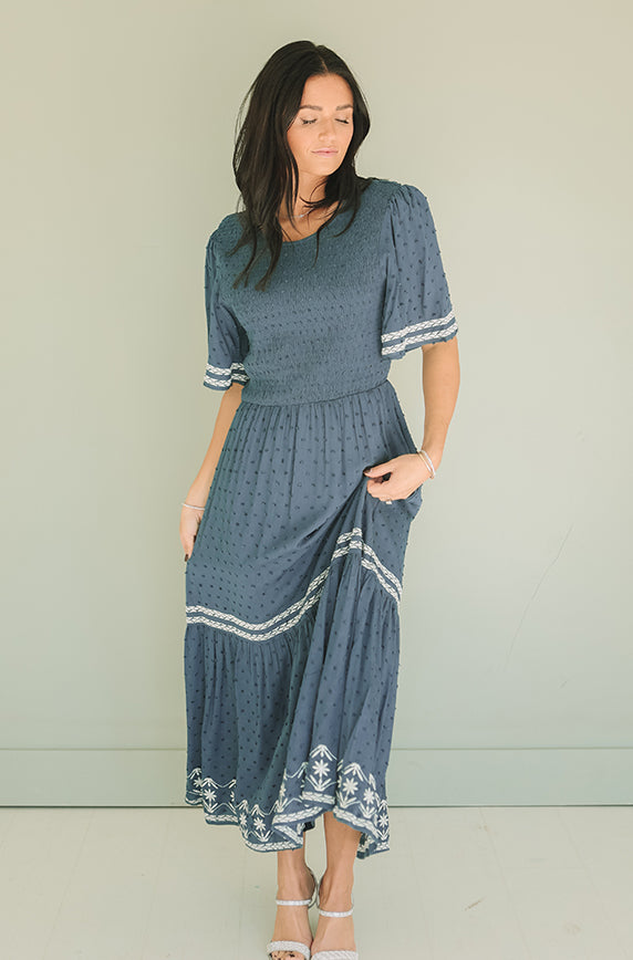 Katie Indigo Embroidered Dress - FINAL SALE