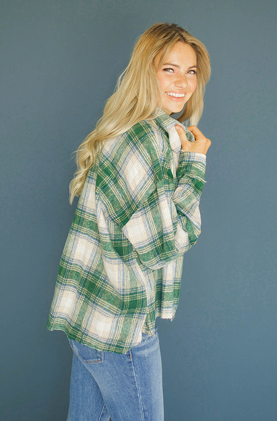 Up Beat Hunter Green Plaid Shacket - FINAL SALE