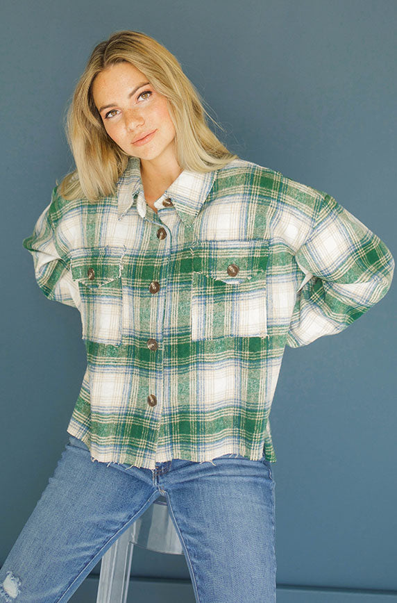 Up Beat Hunter Green Plaid Shacket - FINAL SALE