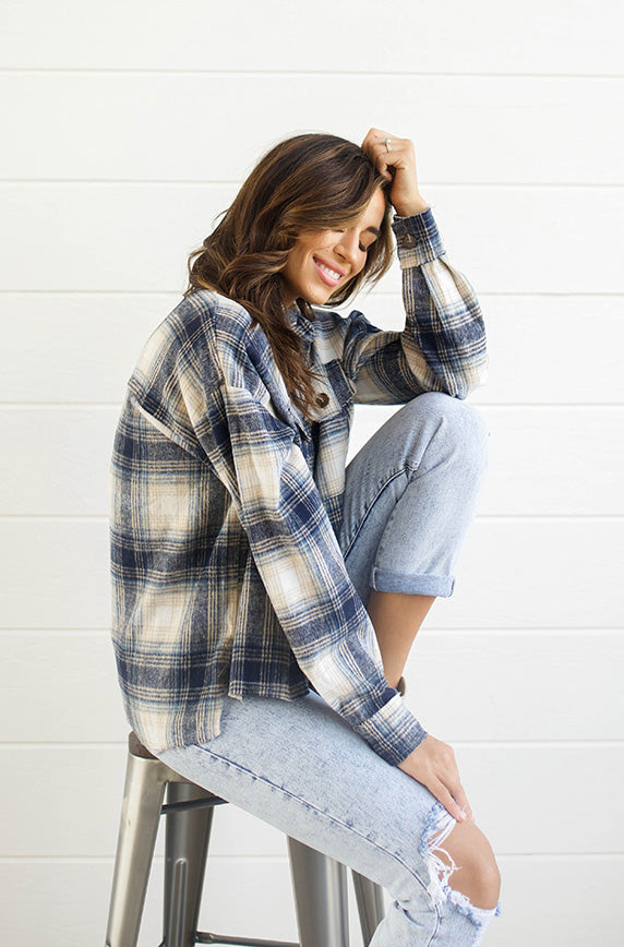 Up Beat Navy Plaid Shacket - FINAL SALE