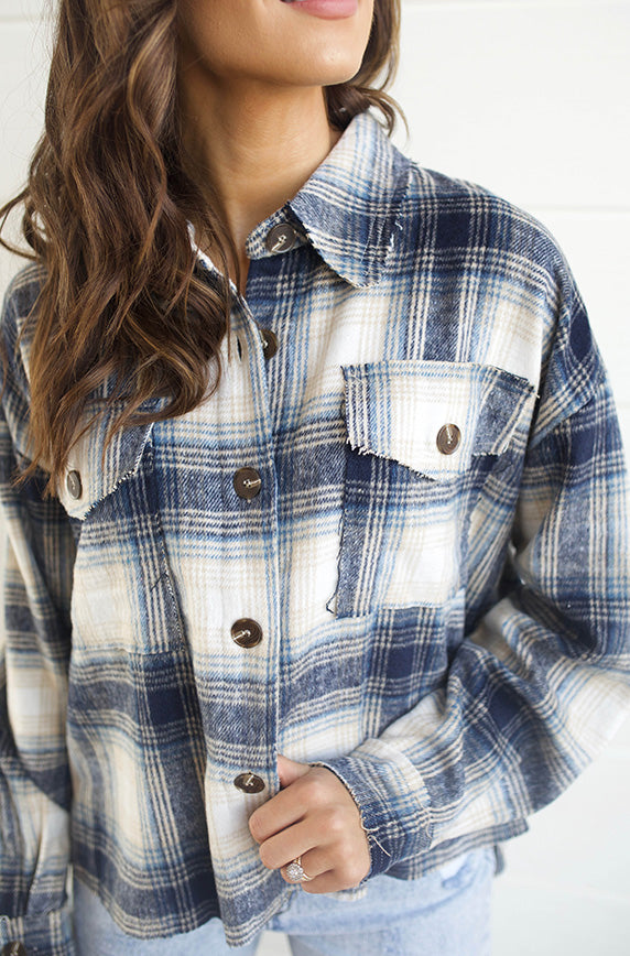 Up Beat Navy Plaid Shacket - FINAL SALE