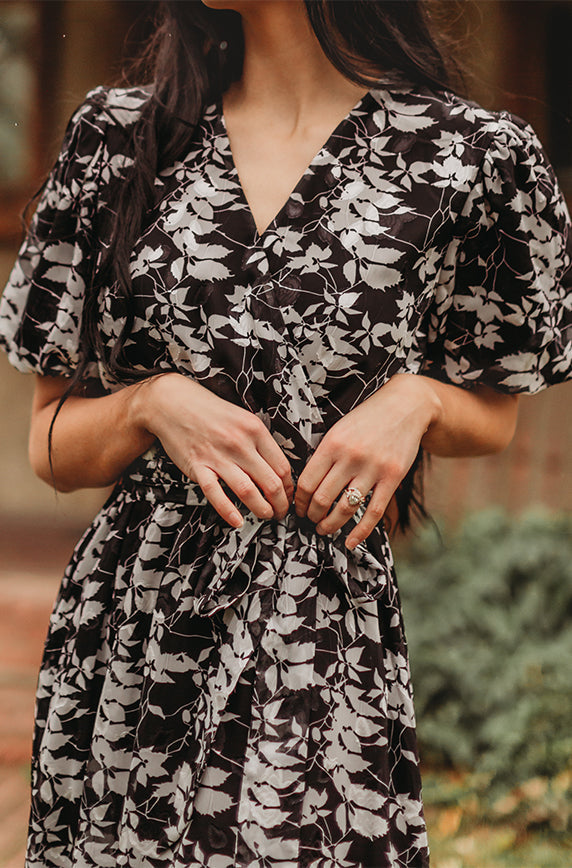 Tara Black Satin Floral Dress ¨C DM Exclusive ¨C Nursing Friendly - Maternity Friendly - FINAL SALE