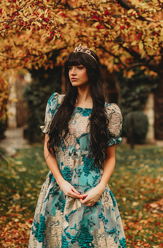 Ellis Jacquard Teal/Gold Velvet Dress - DM Exclusive - Maternity Friendly - FINAL SALE