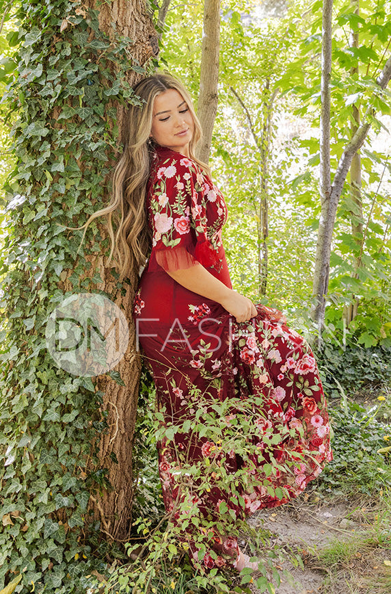 Odette Burgundy Garden Floral Gown - DM Exclusive
