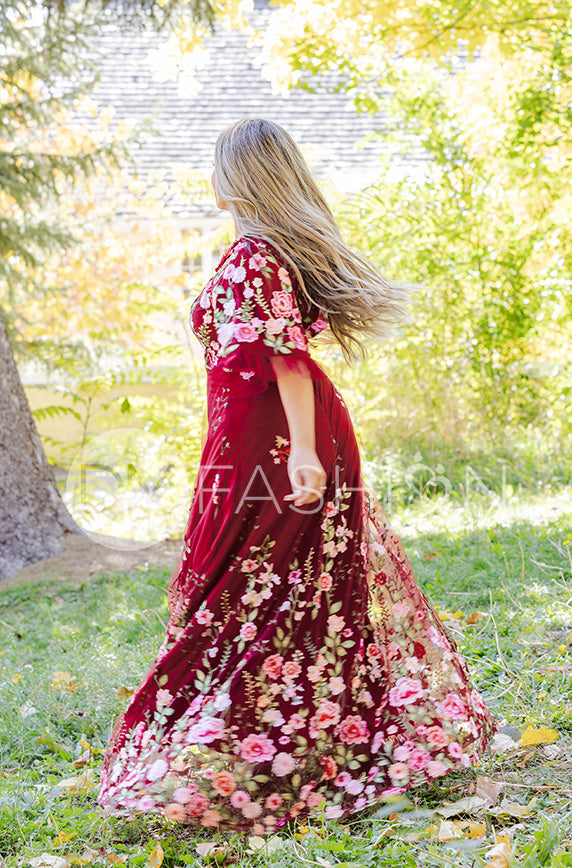 Odette Burgundy Garden Floral Gown - DM Exclusive