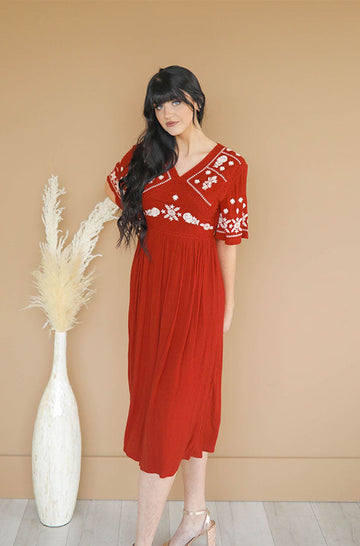 Marlee Brick Embroidery Midi Dress - DM Exclusive - Maternity Friendly - FINAL SALE