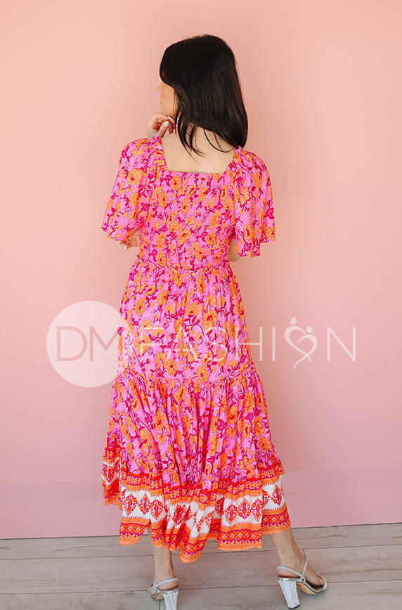 Leilani Tropical Pink Floral Smocked Dress - DM Exclusive - Maternity Friendly