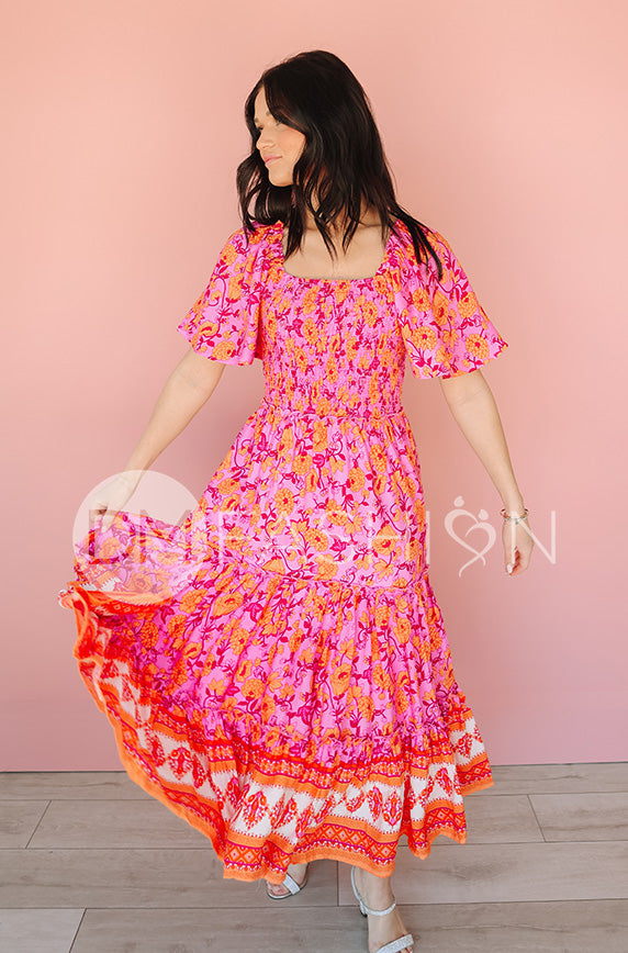 Leilani Tropical Pink Floral Smocked Dress - DM Exclusive - Maternity Friendly