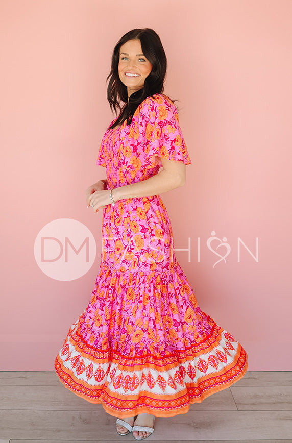 Leilani Tropical Pink Floral Smocked Dress - DM Exclusive - Maternity Friendly