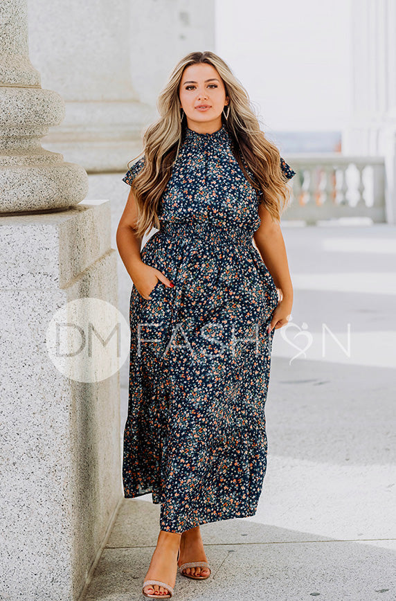 Skyler Navy Blossoms Smocked Maxi Dress ¨C DM Exclusive - Maternity Friendly - Restocked- LOW STOCK