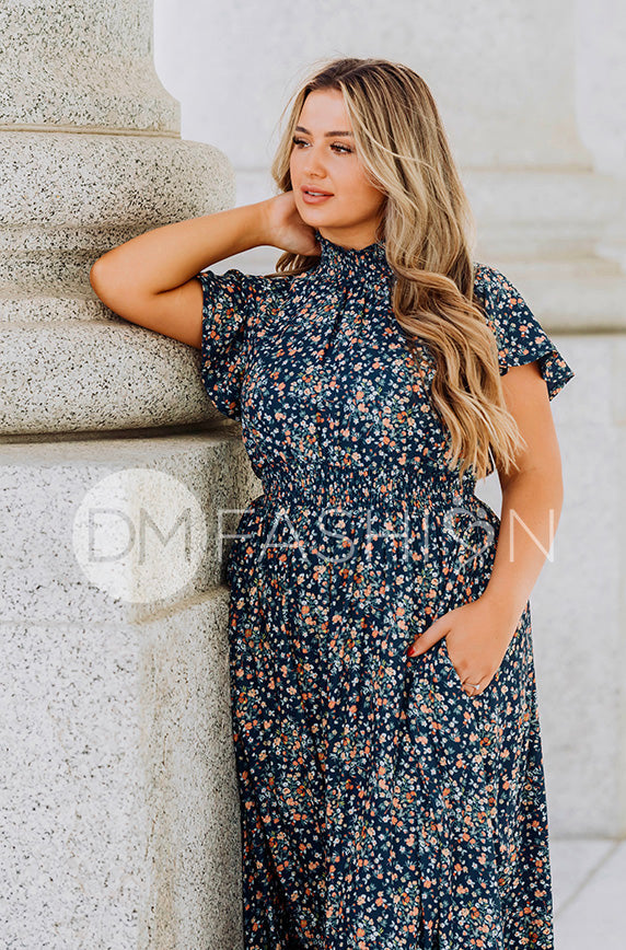 Skyler Navy Blossoms Smocked Maxi Dress ¨C DM Exclusive - Maternity Friendly - Restocked- LOW STOCK
