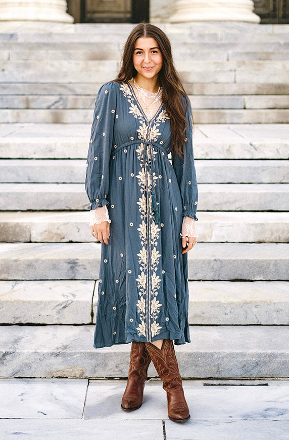 Vivienne Dusty Slate Embroidered Dress -  FINAL SALE