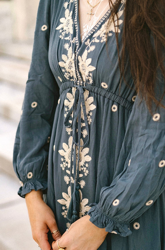 Vivienne Dusty Slate Embroidered Dress -  FINAL SALE
