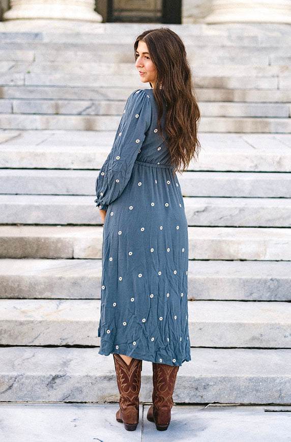 Vivienne Dusty Slate Embroidered Dress -  FINAL SALE
